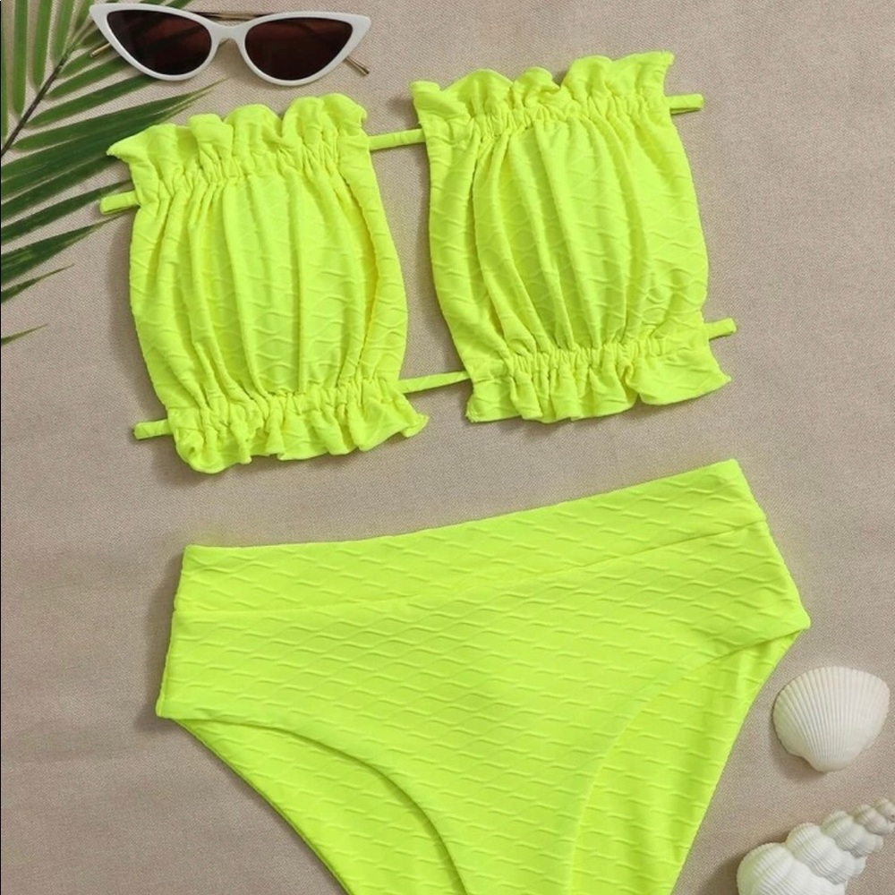 Neo yellow textured ruched bikini swimsuit